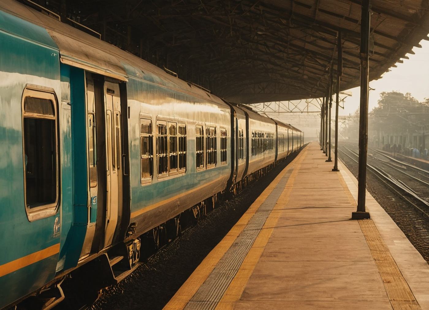 Railway platform at golden hour — IRCTC train ticket booking agent in Gujarat